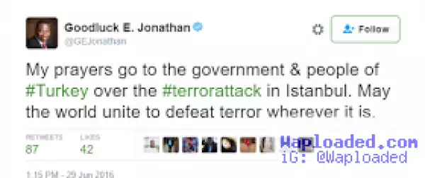 Former Pres. GEJ commiserates with the Turkey govt over the terror attack in Istanbul